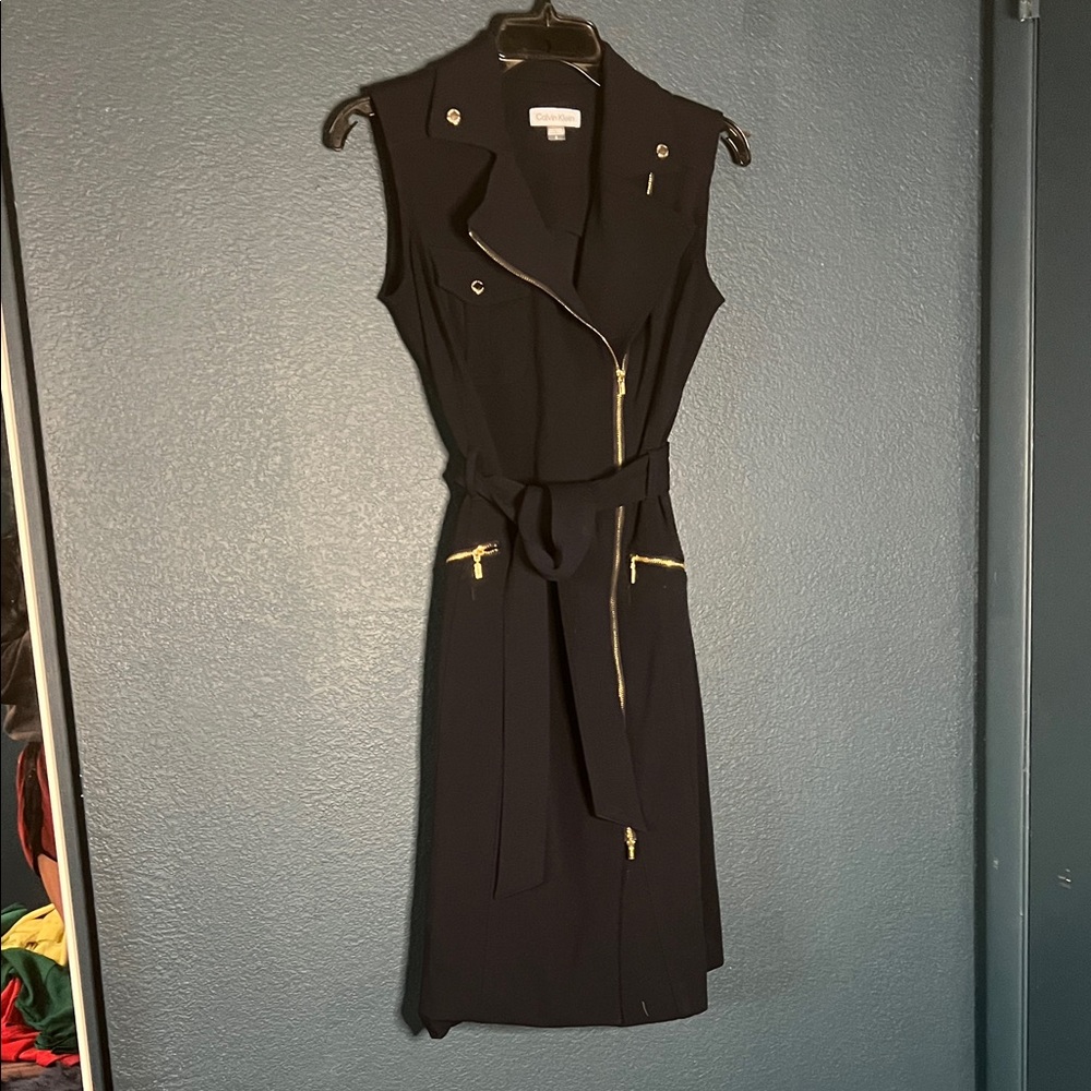 Calvin Klein navy blue  Midi Dress with Gold Zipper Accents